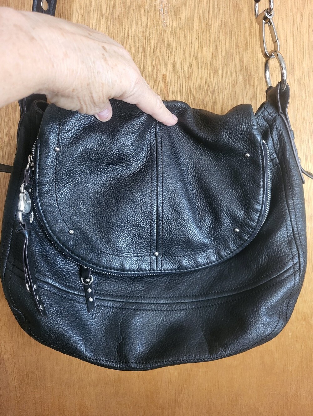 B. Makowski Black Soft Pebbled Leather Crossbody Hobo Shoulder Bag.